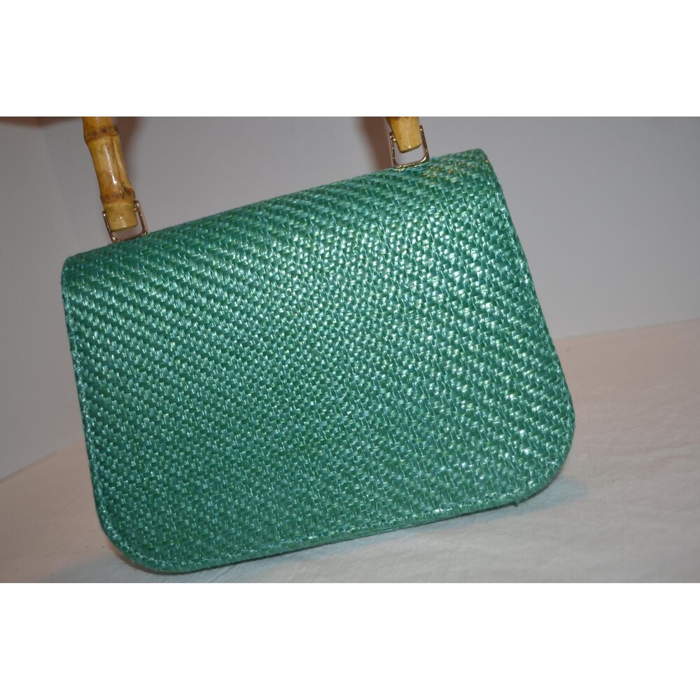 Bermuda Bag Vintage Green with Raffia Flowers Bamboo Handle with Chain Crossbody - Picture 5 of 5